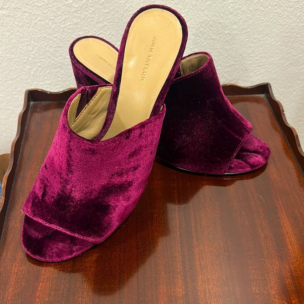Ann Taylor velour heeled slides in wine. Literally worn once.